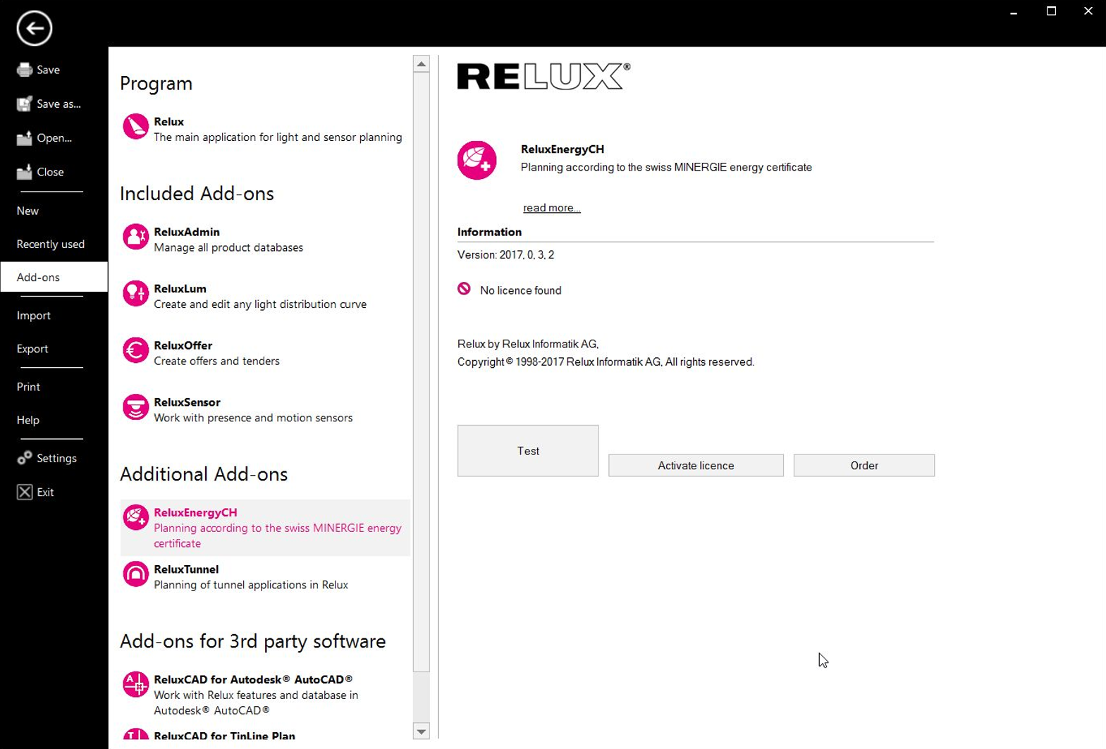 Startbildschirm von ReluxEnergy CH im Status nicht lizenzierte Testversion mit der Liste aktueller Projekte.
