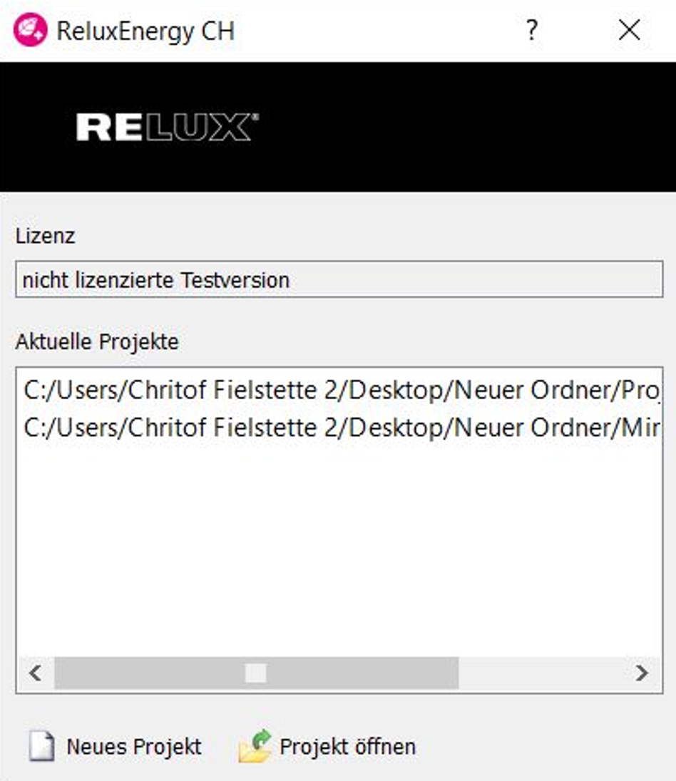 Startfenster von ReluxEnergy CH im Status nicht lizenzierte Testversion mit den lokalen Pfaden der aktuellen Projekte.