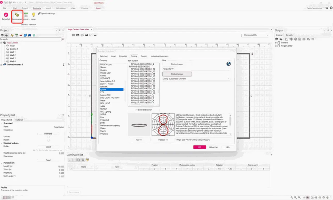 Dieser Screenshot zeigt das Fenster zur Leuchtenauswahl in RELUXDesktop. Benutzer können Hersteller durchsuchen, nach Leuchten suchen, Produkte nach Name oder Produktgruppe filtern und technische Informationen überprüfen, bevor sie eine Leuchte in das Projekt einfügen. Das Beispiel zeigt eine ringförmige Pendelleuchte, die für ein Yoga-Zentrum ausgewählt wurde. Das Dialogfenster enthält Produktbilder, fotometrische Vorschauen, technische Spezifikationen und Filterwerkzeuge, die Lichtplanern helfen, geeignete Leuchten für professionelle Lichtberechnungen auszuwählen.