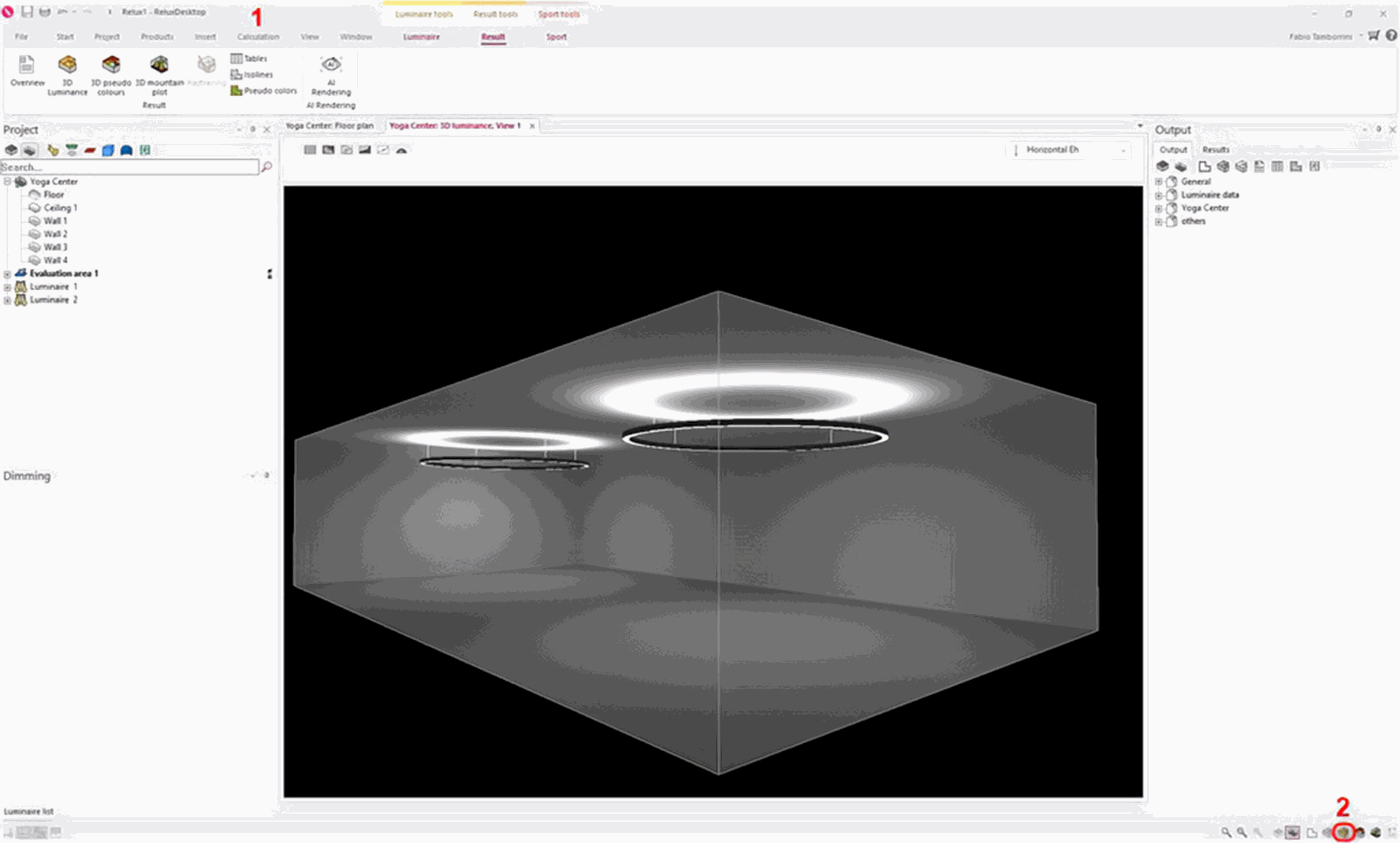 Dieser Screenshot zeigt eine abgeschlossene Lichtberechnung in der 3D-Leuchtdichteverteilung von RELUXDesktop. Nach der Berechnung des Projekts können Benutzer die Registerkarte „Ergebnis“ öffnen und die KI-Rendering-Funktion starten. Die hervorgehobenen Bedienelemente zeigen, wo auf die Rendering-Funktion und das Menü für KI-Rendering-Credits zugegriffen werden kann. Dieser Arbeitsablauf verwandelt die technische Lichtberechnung in eine realistische Visualisierung, während die berechnete Lichtverteilung beibehalten wird.