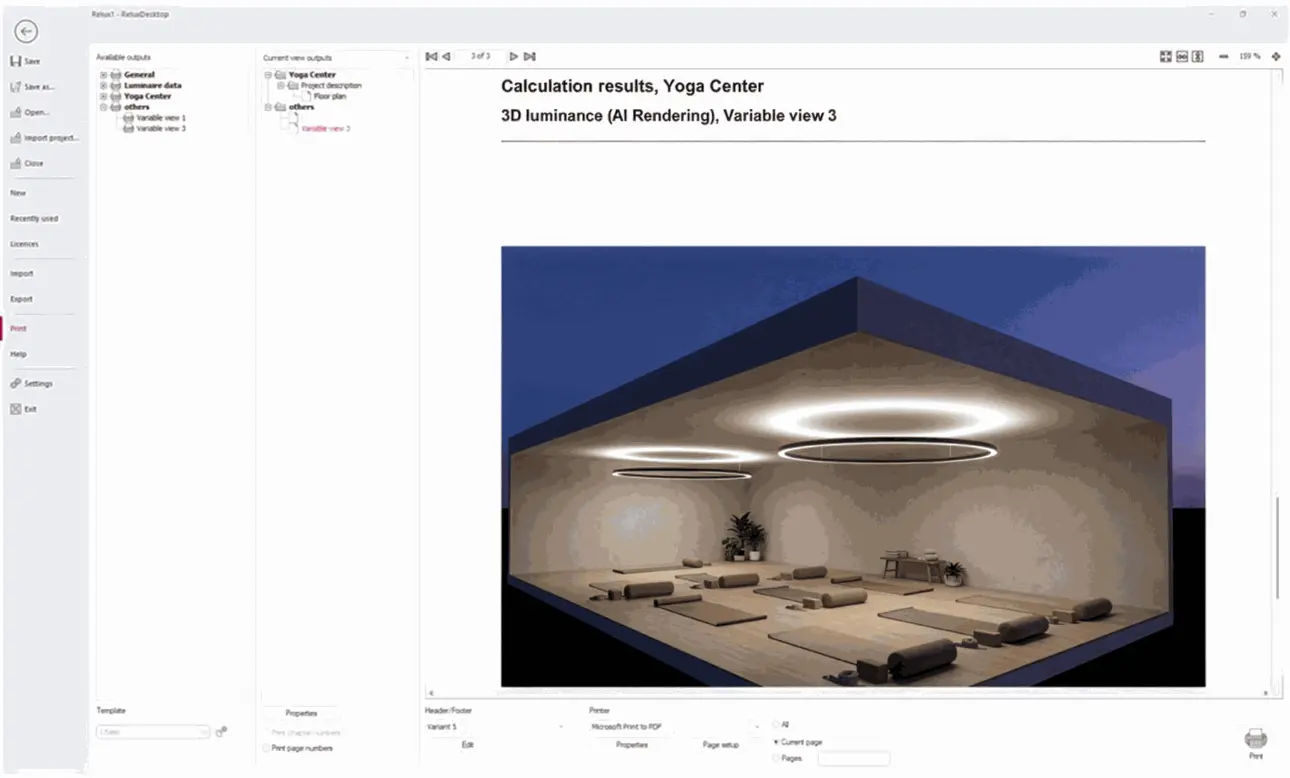 Dieser Screenshot zeigt die Druckvorschau-Benutzeroberfläche von RELUXDesktop nach der Erstellung eines KI-Renderings. Die gerenderte Visualisierung ist direkt in den Berechnungsbericht integriert und kann zusammen mit den Standard-Beleuchtungsergebnissen und der Projektdokumentation ausgegeben werden. Benutzer können Berichtabschnitte auswählen, Vorlagen konfigurieren, das endgültige Dokument in der Vorschau anzeigen sowie professionelle Berichte drucken oder exportieren, die sowohl die technischen Lichtberechnungen als auch die hochwertigen KI-generierten Visualisierungen enthalten.