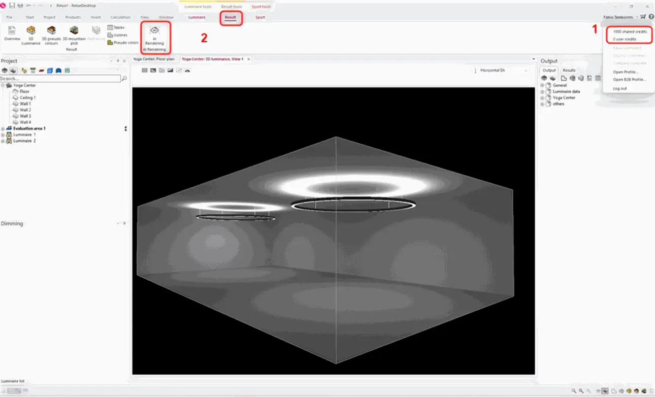 Der Screenshot hebt den Arbeitsablauf für das KI-Rendering in RELUXDesktop hervor. Benutzer überprüfen zunächst ihre verfügbaren KI-Rendering-Credits, bevor sie „KI-Rendering“ im Menüband „Ergebnis“ auswählen. Die Funktion erzeugt realistische Innenraum-Visualisierungen direkt aus dem berechneten Lichtmodell. Dies ermöglicht es Planern, schnell Bilder in Präsentationsqualität zu erstellen, ohne eine Rendering-Szene manuell in einer externen Software aufbauen zu müssen.