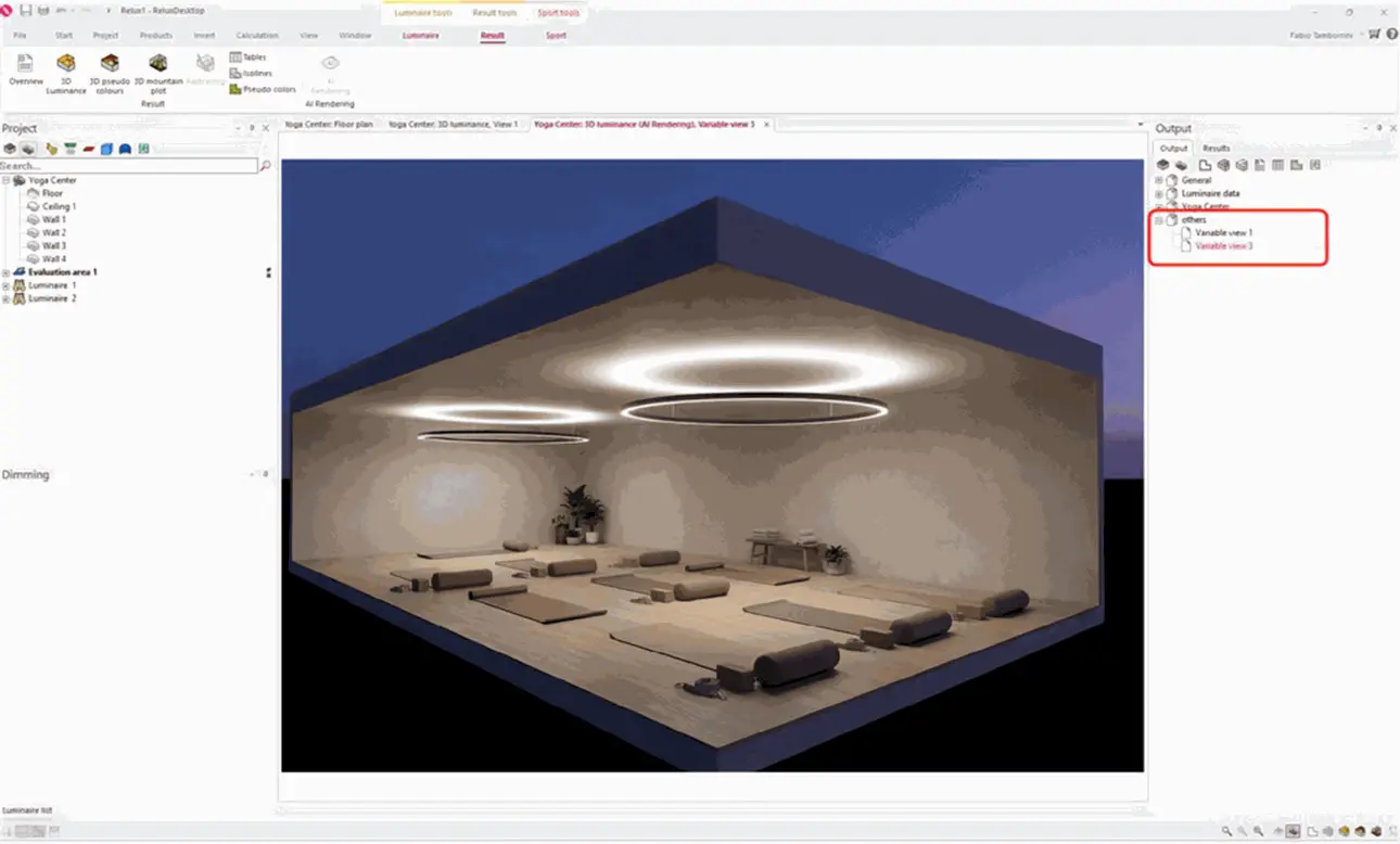 Dieser Screenshot präsentiert die fertige KI-gerenderte Visualisierung, die direkt in RELUXDesktop erstellt wurde. Die berechnete Lichtplanung wurde in ein realistisches Yoga-Studio mit detaillierten Materialien, Möbeln, dekorativen Elementen und stimmungsvoller Beleuchtung verwandelt. Das generierte Rendering erscheint als neue Ausgabe im Projektbaum, sodass Benutzer mehrere KI-generierte Ansichten vergleichen können, während die ursprünglichen Ergebnisse der Lichtberechnung beibehalten werden.