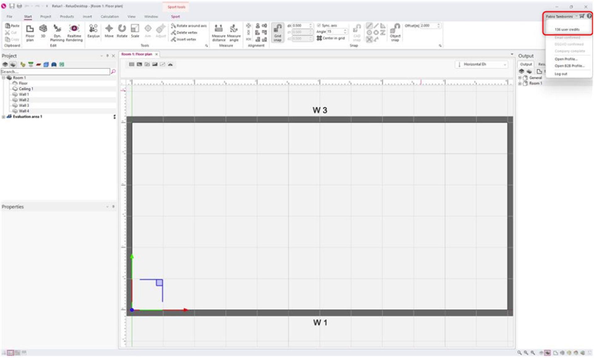 Screenshot of the ReluxDesktop floor plan interface highlighting the top-right user profile dropdown menu where active user credits are displayed.