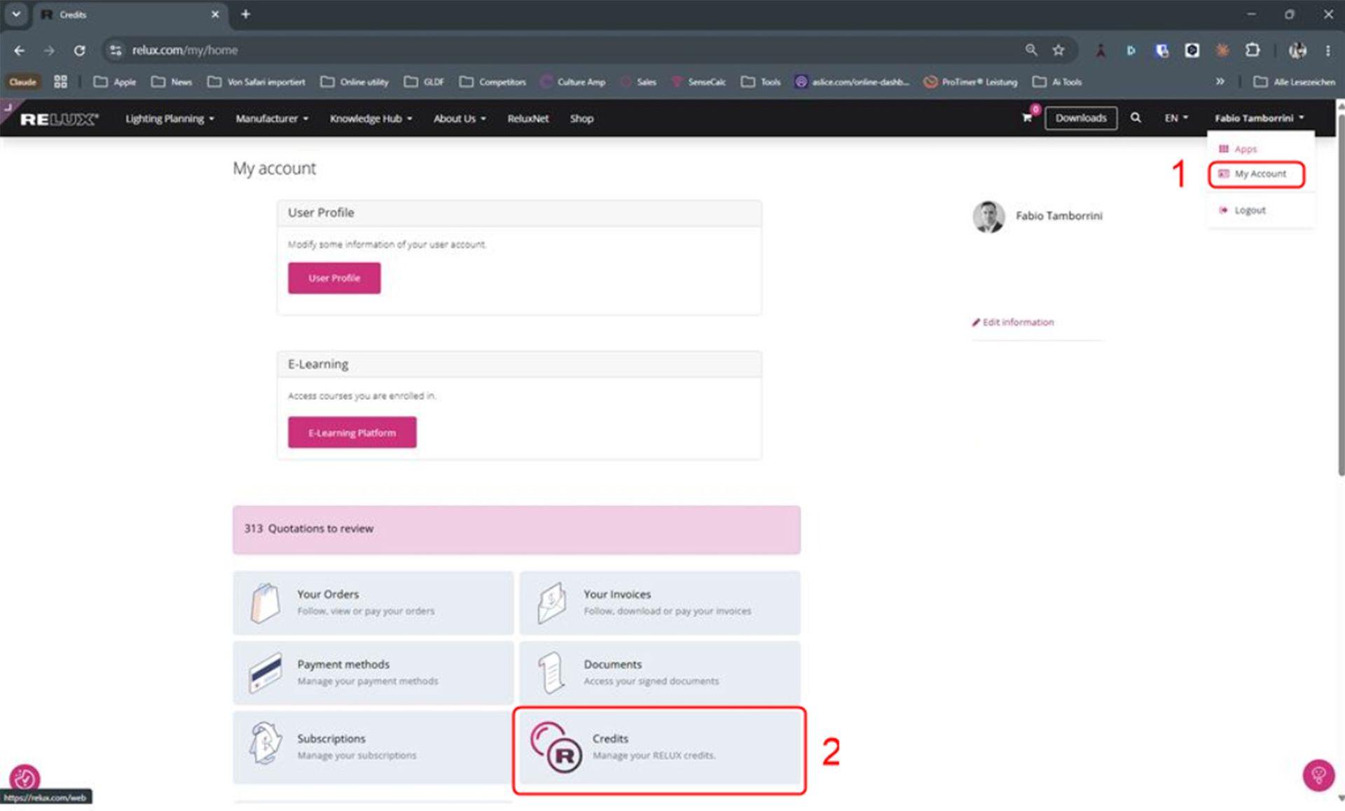 Screenshot of the RELUX user account dashboard showing how to navigate to the user profile menu (1) and select the Credits management section (2) to view RELUX credits.