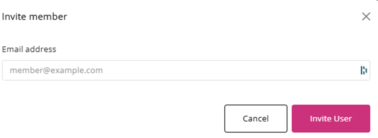 Pop-up window modal with the title "Invite member" showing an input field for an email address and a pink action button labeled "Invite User".