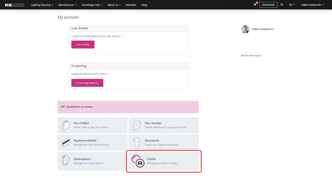 Screenshot of the RELUX user account interface on a web browser, showing a red box highlighting the "Credits" management tile located under the orders and profile section.