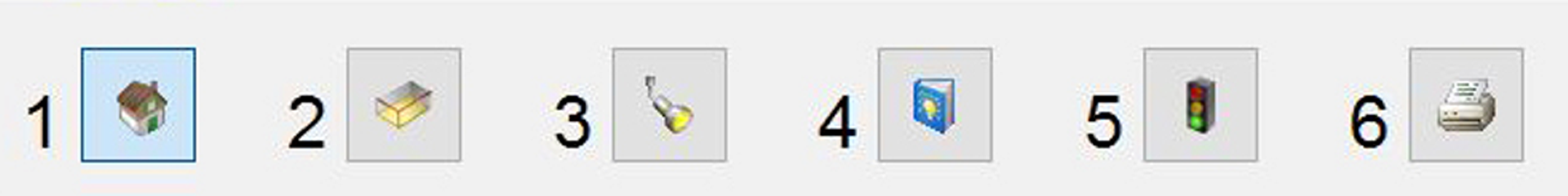 Close-up screenshot of the ReluxEnergy CH user interface toolbar showing icons numbered from 1 to 6, with button 1 representing the house icon for project settings.