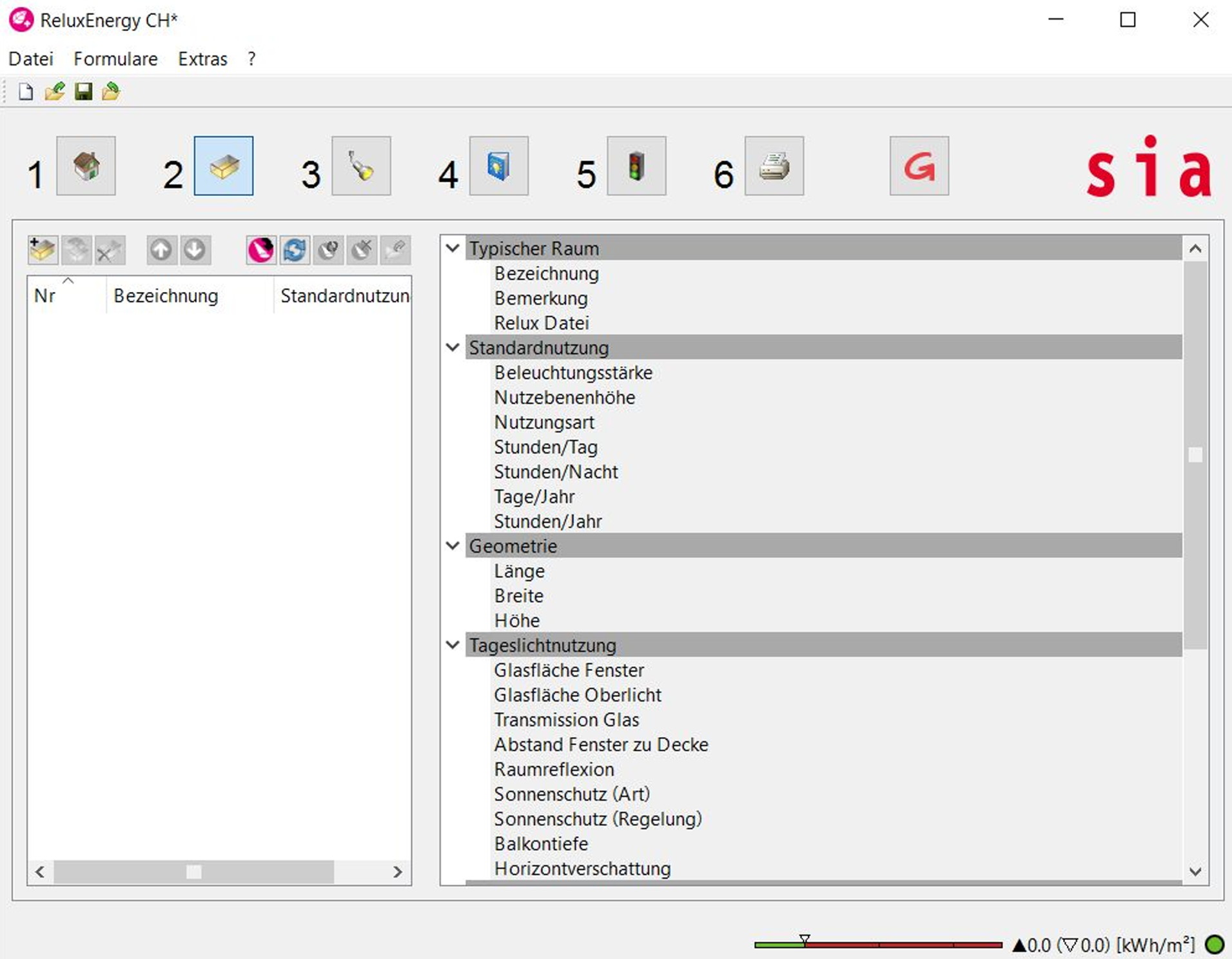 ReluxEnergy CH Raumdefinitionen und Nutzungsprofile Screenshot der Anwendung ReluxEnergy CH mit aktivierter zweiter Hauptmenü-Schaltfläche, der das ausklappbare Eigenschaftsmenü für Raumkonfigurationen, Standardnutzung, Geometrieparameter und Tageslichtnutzung anzeigt.