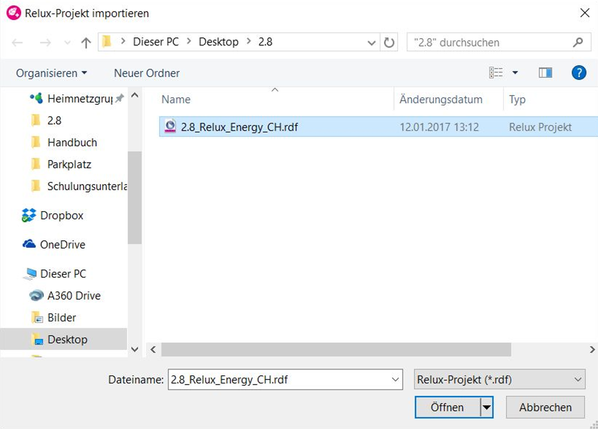 Auswählen einer Relux-Projektdatei (.rdf) für den Import in ReluxEnergy CH Windows-Dateiexplorer-Fenster mit dem Titel „Relux-Projekt importieren“, in dem eine .rdf-Projektdatei markiert und zum Öffnen ausgewählt ist.