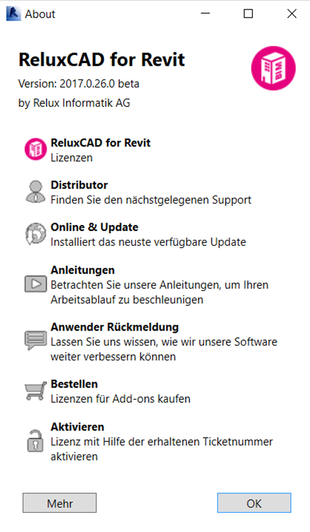 Accessing license activation and version info in the ReluxCAD for Revit About menu Screenshot of the German-localized "About" dialog window for ReluxCAD for Revit by Relux Informatik AG, displaying the software version alongside interactive list options for Distributor, Online & Update, Manuals, Feedback, Order, and Activate.