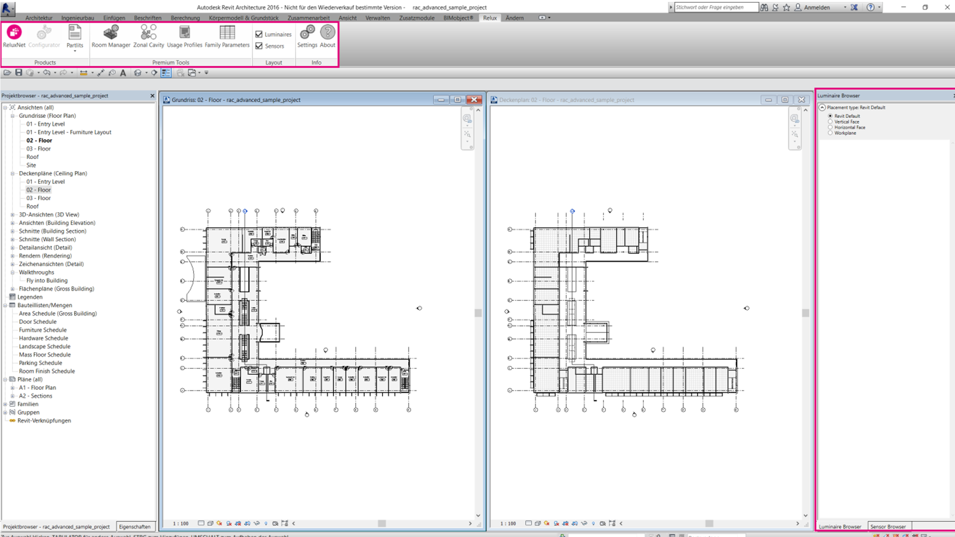 ReluxCAD for Revit ribbon bar and luminaire browser integration in Autodesk Revit Full application window of Autodesk Revit displaying a floor plan view with the dedicated Relux menu ribbon highlighted in pink at the top, and the empty Luminaire Browser sidebar navigation panel highlighted on the right.