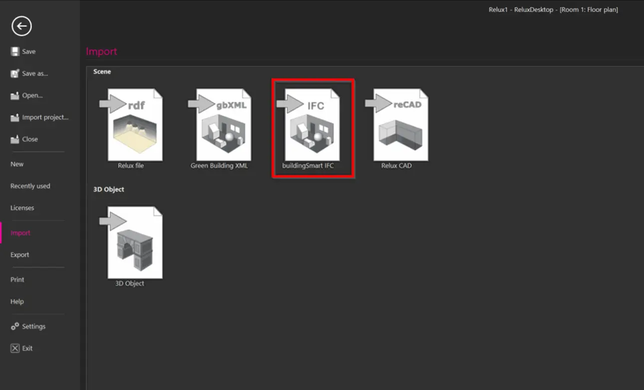 Screenshot of the black ReluxDesktop backstage import panel, featuring file format tiles for rdf, gbXML, reCAD, and a red box highlighting the "buildingSmart IFC" scene selection icon.