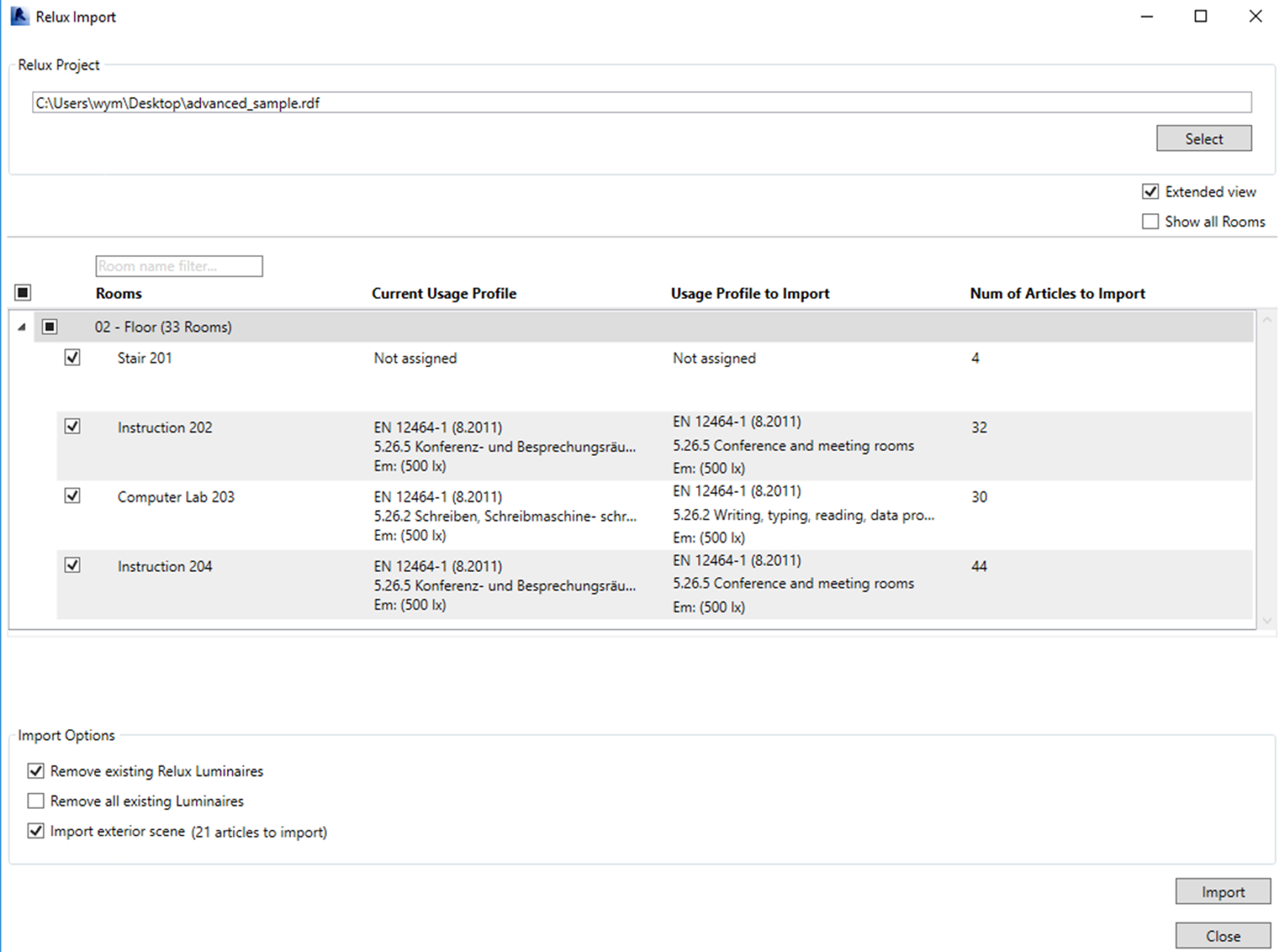 The software application window titled Relux Import displaying rows of project spaces detailing room numbers, localized usage parameters, profile mapping synchronization tracks, and specific luminaire overwrite action checkmarks at the bottom.
