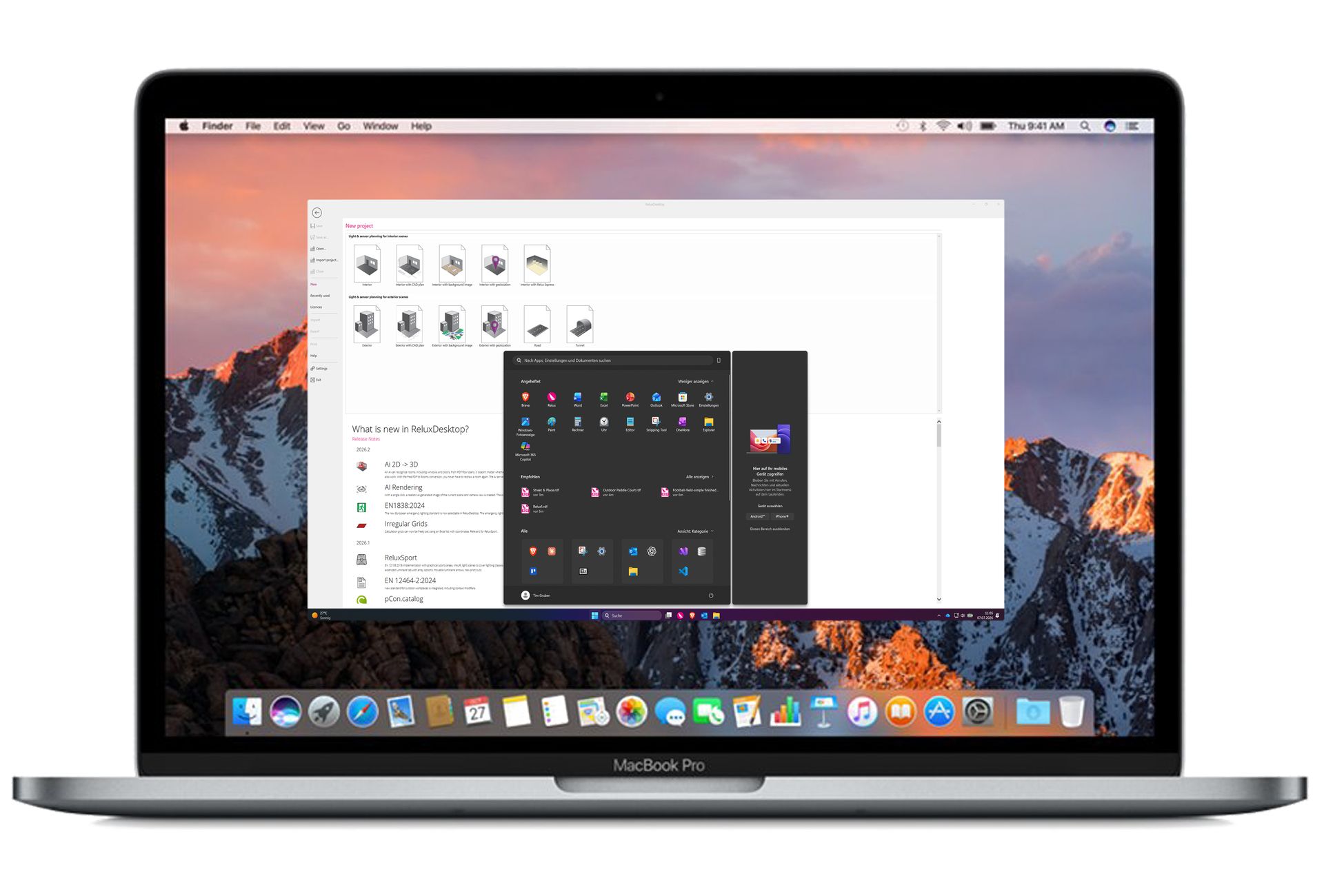 Front-view mockup of a silver MacBook Pro laptop on a white background, displaying a Mac OS X desktop running an emulated Windows 11 window that hosts the start screen of the ReluxDesktop application.