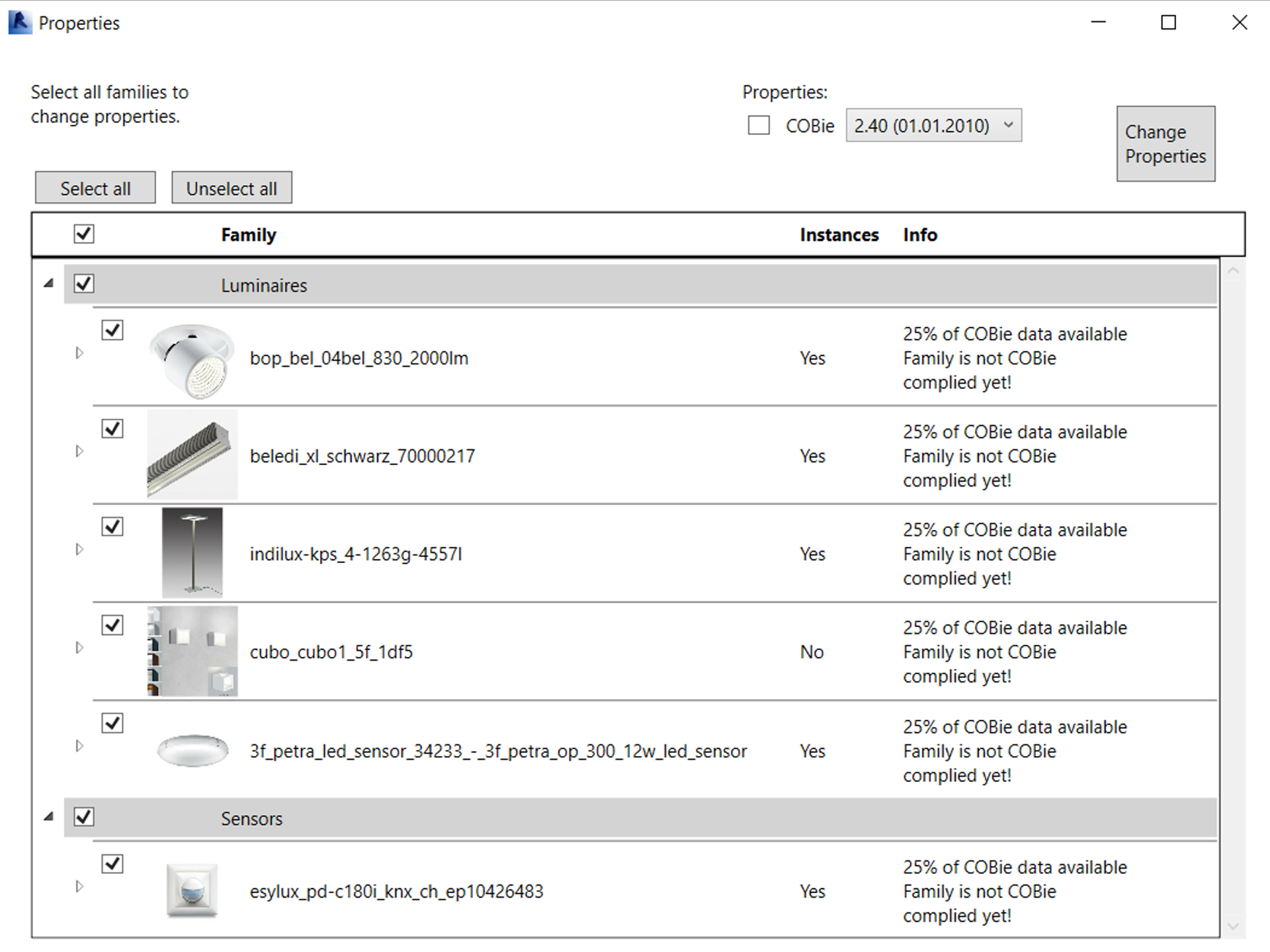 Configuring BIM family parameters and checking COBie data compliance tracks Screenshot of the Properties configuration window wizard, displaying checkmark list trees for active luminaire and sensor families alongside corresponding data percentage counters for COBie standards.