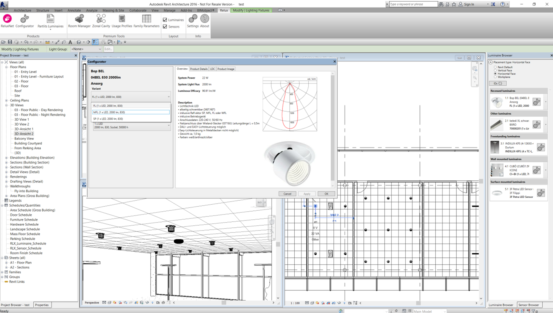 The Product Configurator dialog lets you inspect luminous efficacy matrix entries, view LDC curves, and pick distinct product family variants directly inside your BIM project. Screenshot showing the active ReluxCAD for Revit Product Configurator window modal displaying technical data sheets, LDC curves, and variant configurations inside a multi-view Autodesk Revit interface workspace.