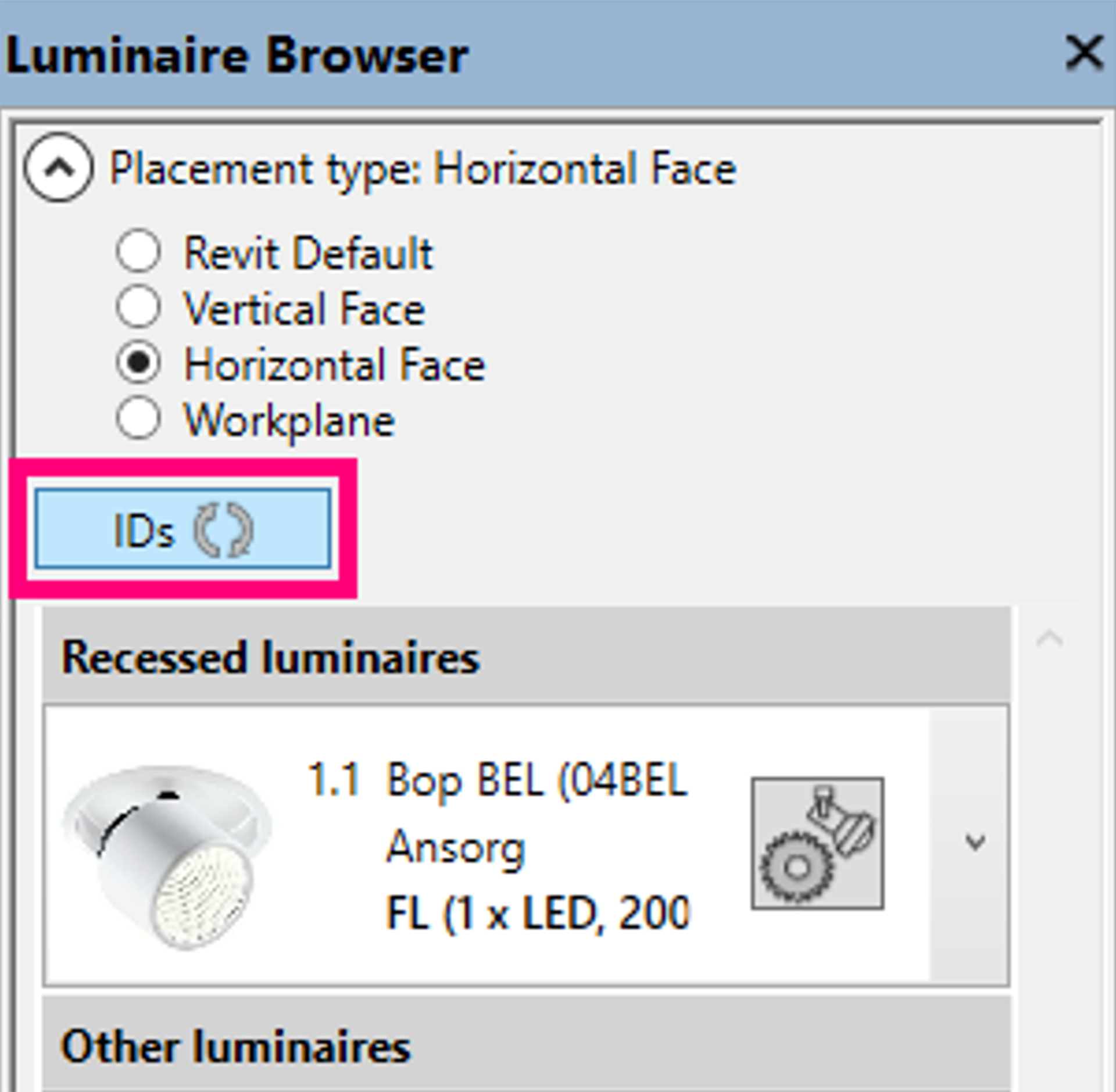 Use the highlighted IDs button within the Luminaire Browser docking window layer to map technical catalog components. Close-up view of the native Revit Luminaire Browser sidebar navigation panel with a pink highlight block framing the interactive IDs sync button below horizontal face placement selection options.