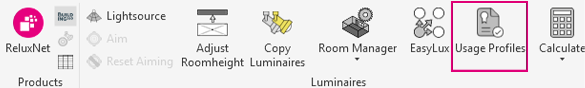 Accessing standard usage profiles from the localized ReluxCAD for Revit ribbon layout Close-up view of the ReluxCAD for Revit ribbon layout with functional tool selections highlighting the German localized Nutzungsprofile button inside the Leuchten block layout.