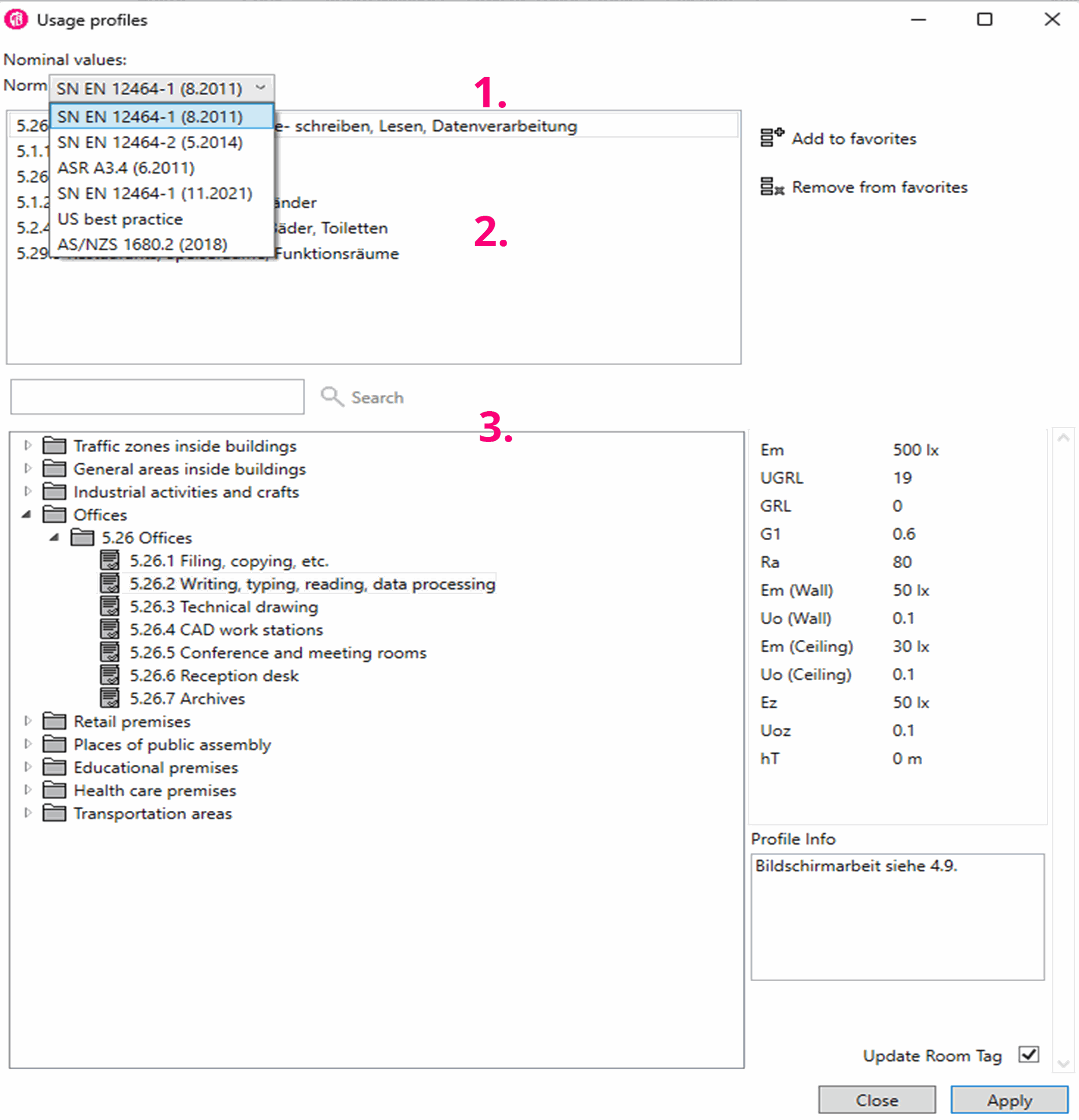 Selecting European lighting norms and building profile criteria within the active wizard dialog Screenshot of the interactive Usage Profiles setup dialog window modal in ReluxCAD for Revit with magenta numbered steps highlighting norm selections such as EN 12464-1 and hierarchical folders for specific room types.