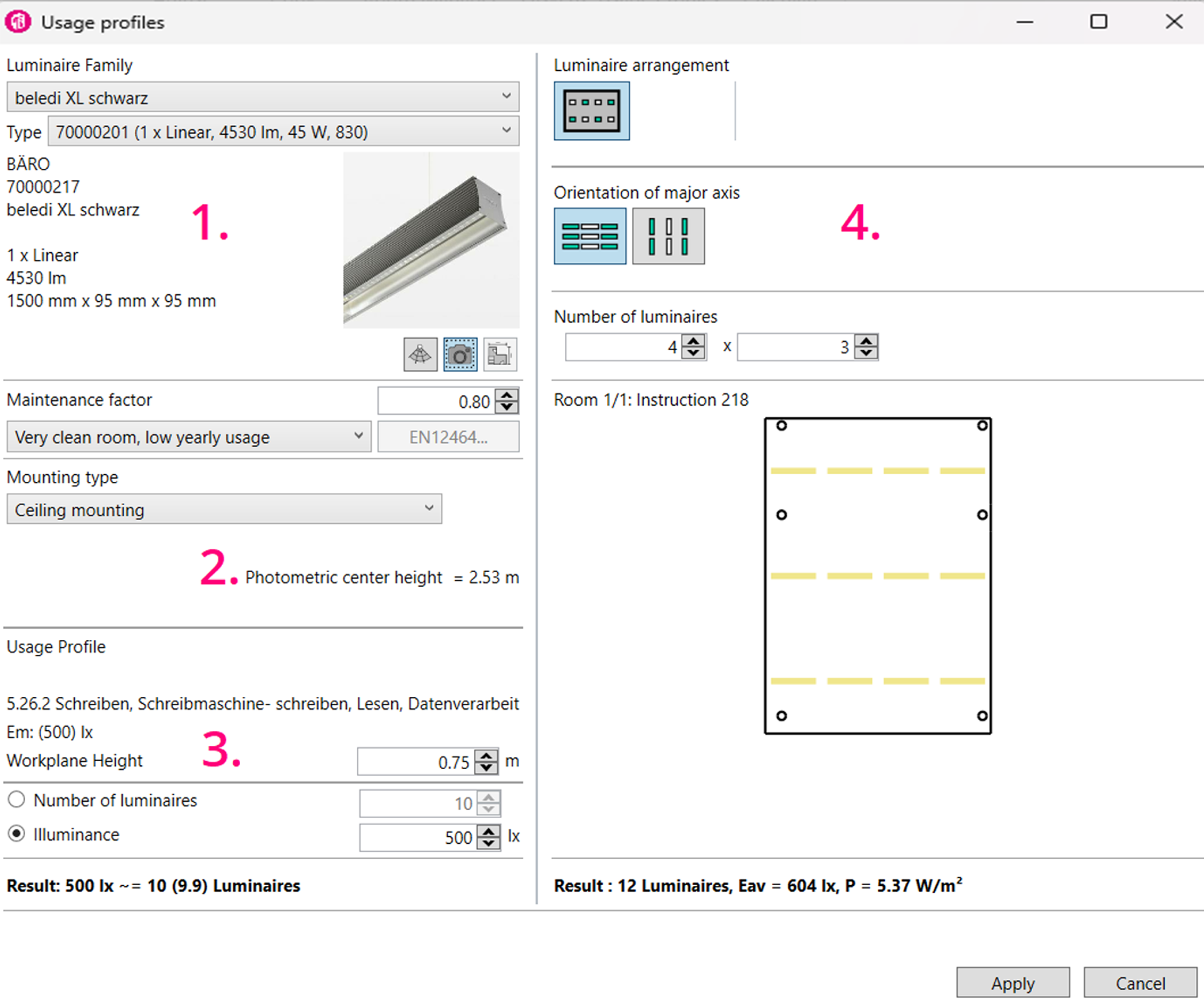 Screenshot of the active EasyLux wizard dialog containing custom parameters for luminaire families, mounting options, and target lux entries with magenta numbers 1 to 4 marking key steps next to a 2D ceiling grid layout preview panel.